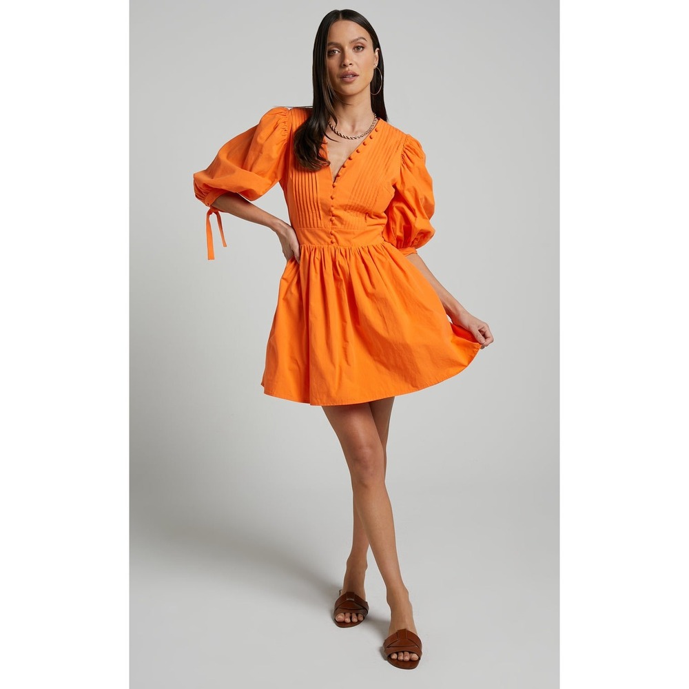 Showpo Zandra Mini Dress Size 8 Orange Puff Sleeve Cotton Poplin Vibrant Bright - Picture 15 of 15